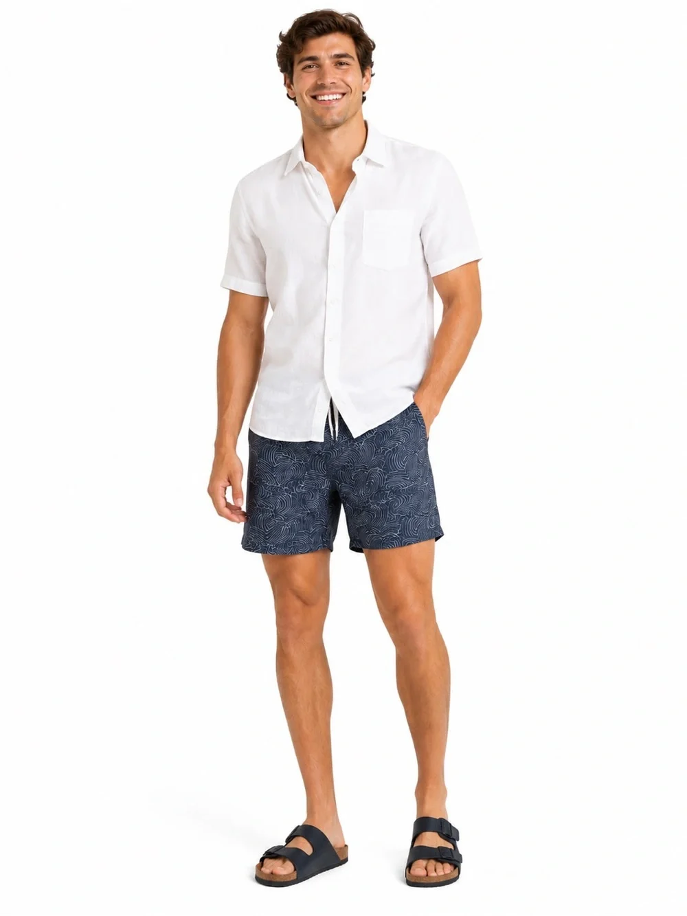 J. Crew Navy & White Patterned Swim Trunks with Coral Accent